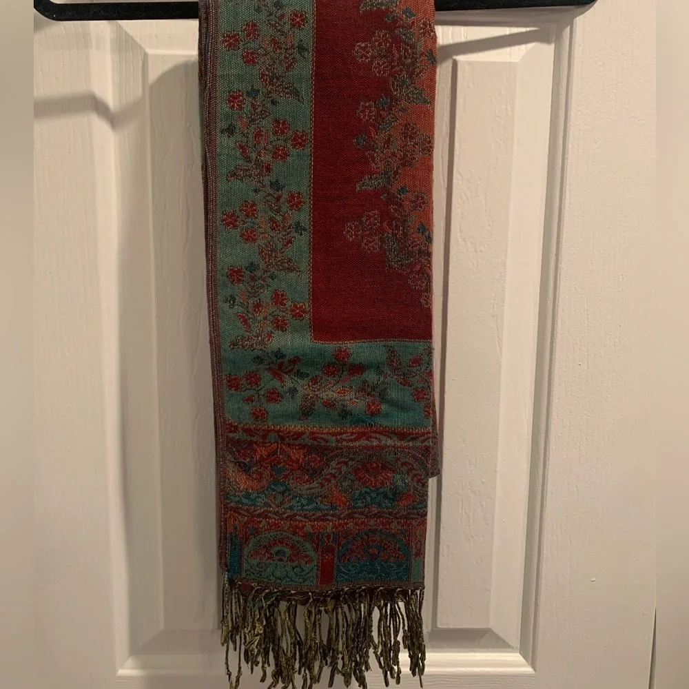 Women’s Paisley Fringed Burgundy and Green Scarf Shawl Wrap
